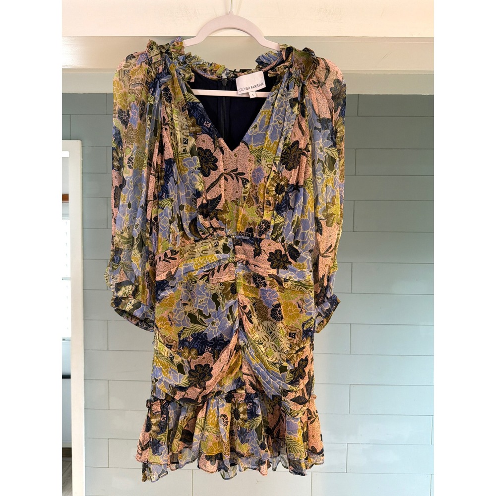 Gilner Farrar Floral Ruched Mini Dress Blue Pink Green V-Neck Size S GF250VCH